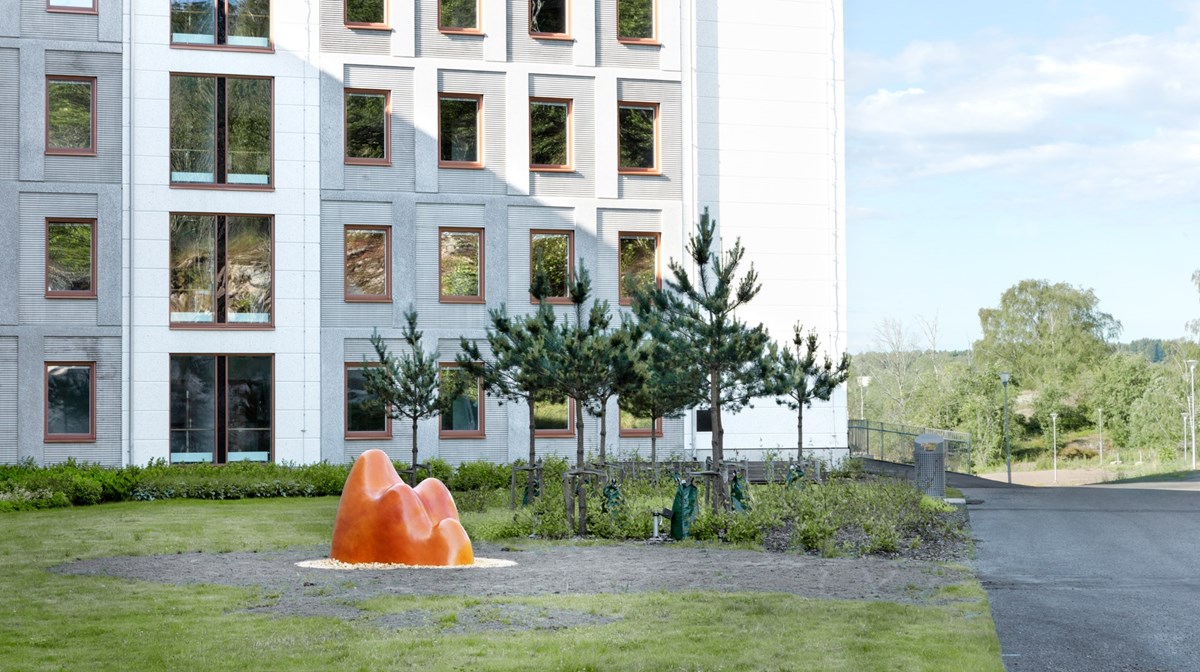 Orange skulptur vid gångväg och sjukhusbyggnad i bakgrunden